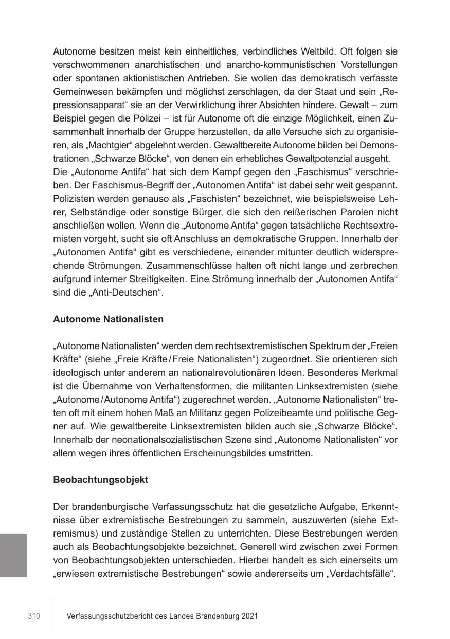 Seite 310 des Verfassungsschutzbericht 2021 Brandenburg