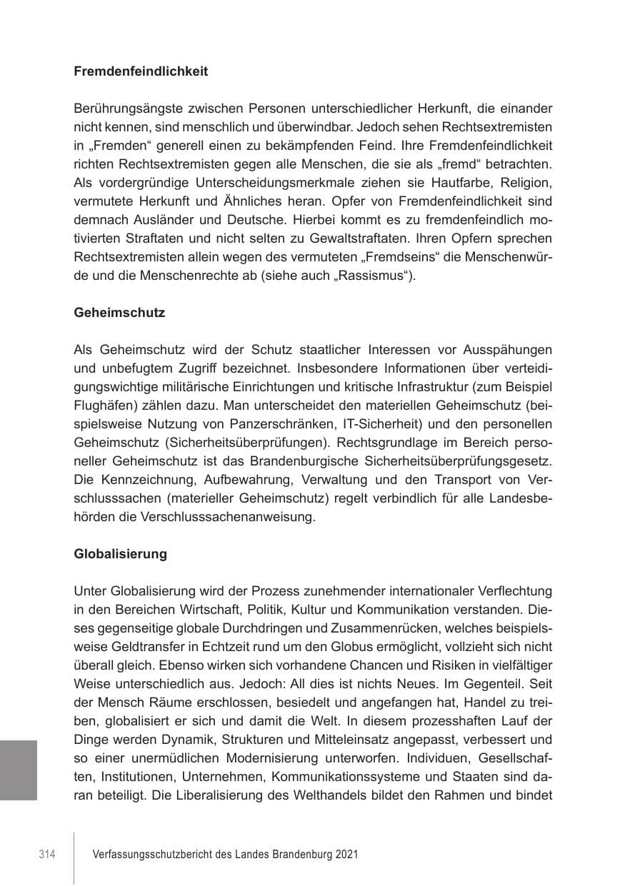 Seite 314 des Verfassungsschutzbericht 2021 Brandenburg