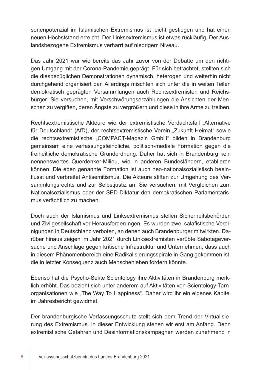 Seite 6 des Verfassungsschutzbericht 2021 Brandenburg