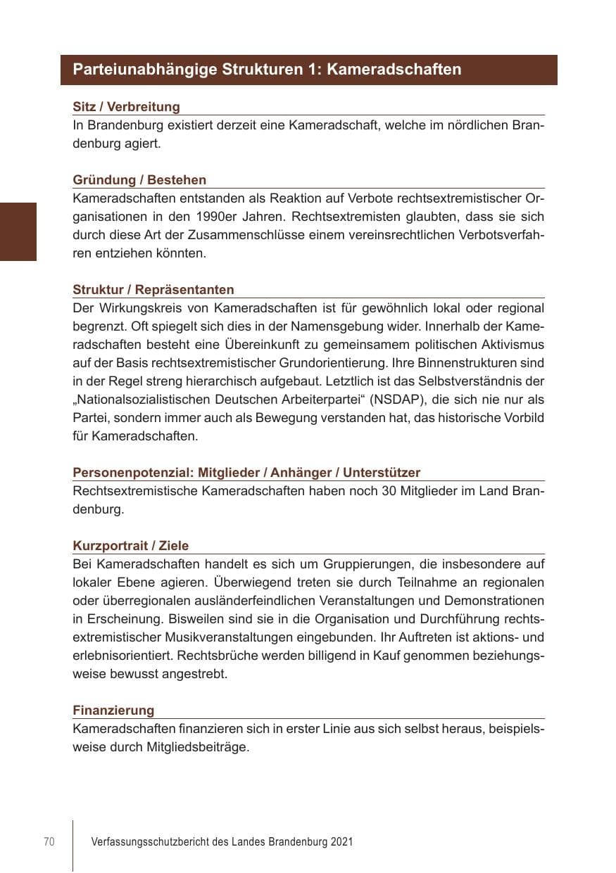 Seite 70 des Verfassungsschutzbericht 2021 Brandenburg