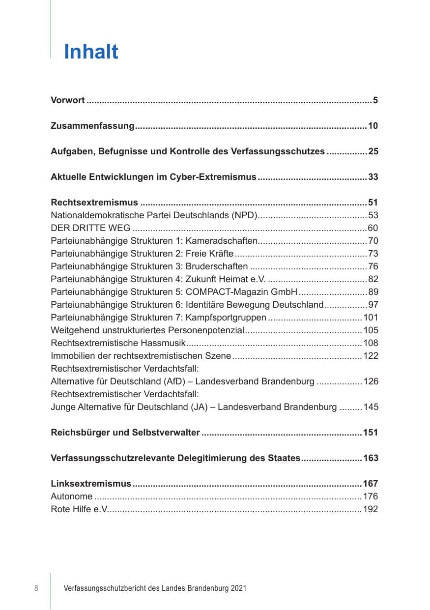 Seite 8 des Verfassungsschutzbericht 2021 Brandenburg