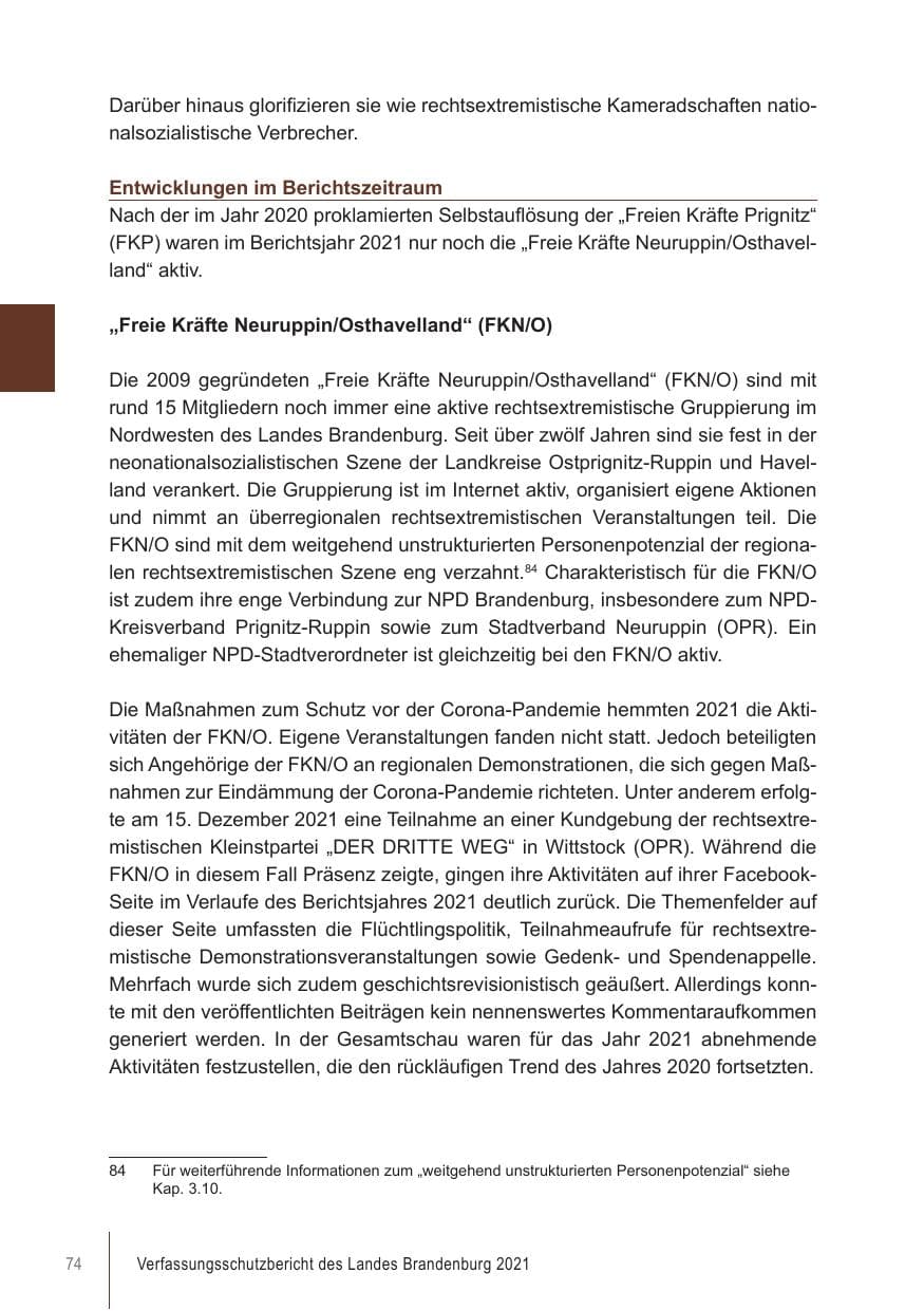 Seite 74 des Verfassungsschutzbericht 2021 Brandenburg