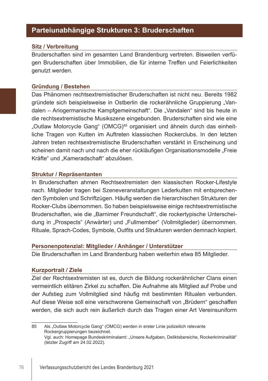 Seite 76 des Verfassungsschutzbericht 2021 Brandenburg