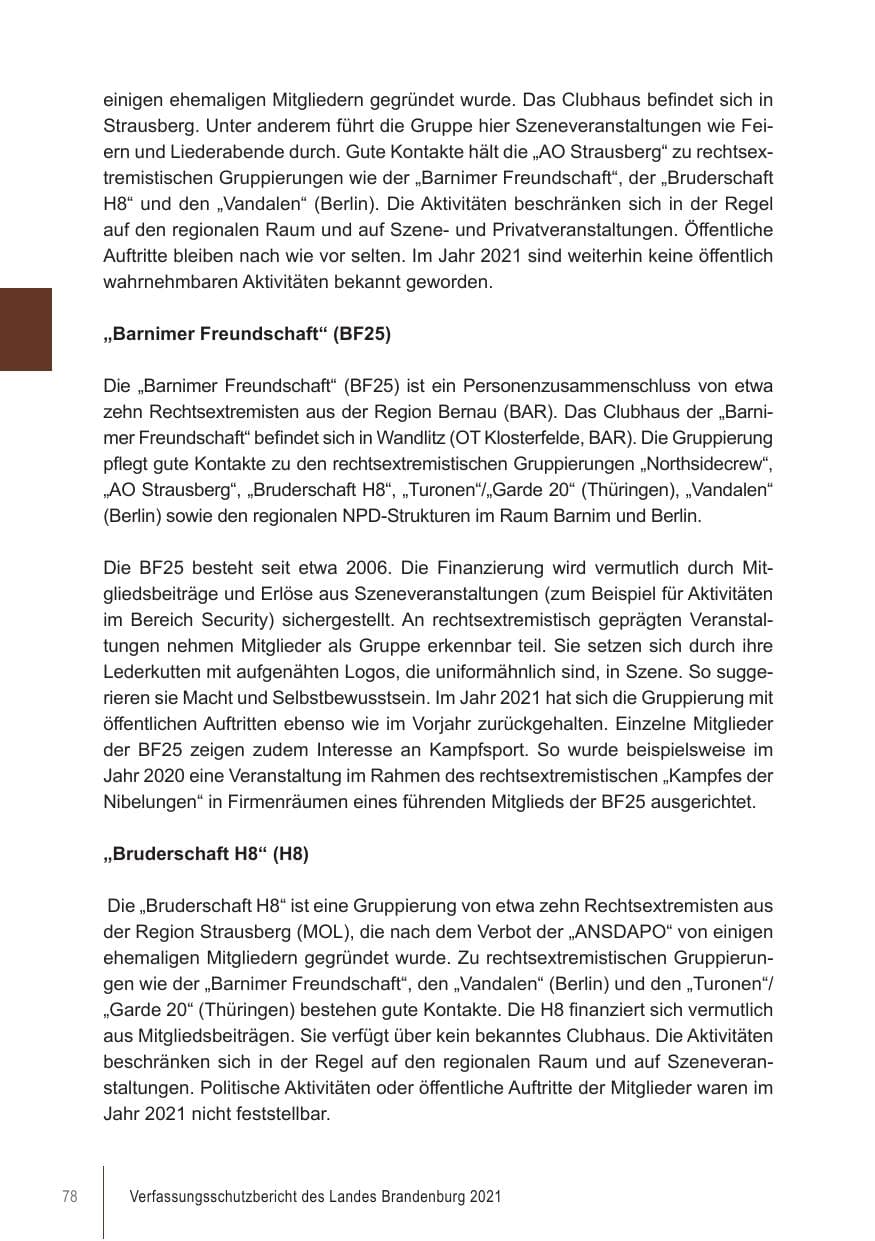 Seite 78 des Verfassungsschutzbericht 2021 Brandenburg