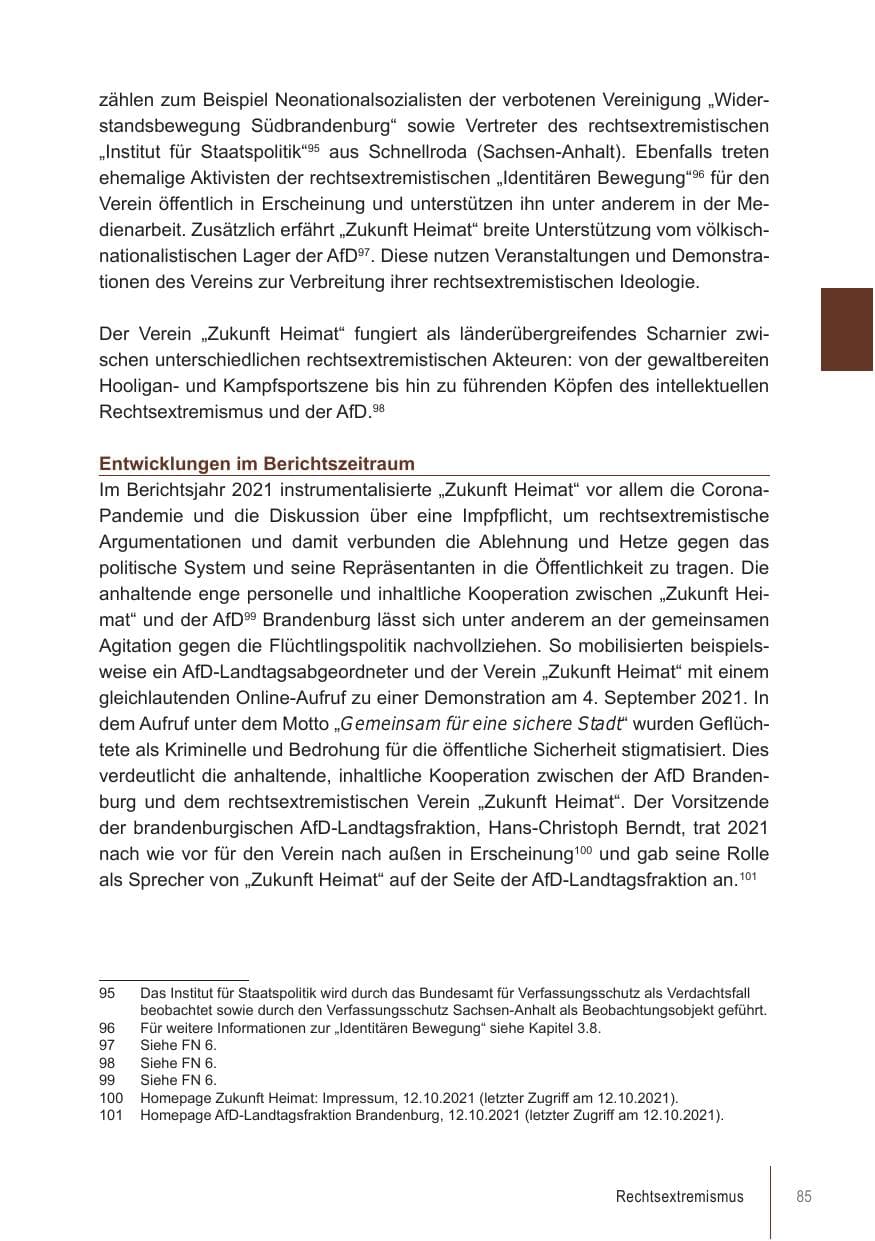 Seite 85 des Verfassungsschutzbericht 2021 Brandenburg