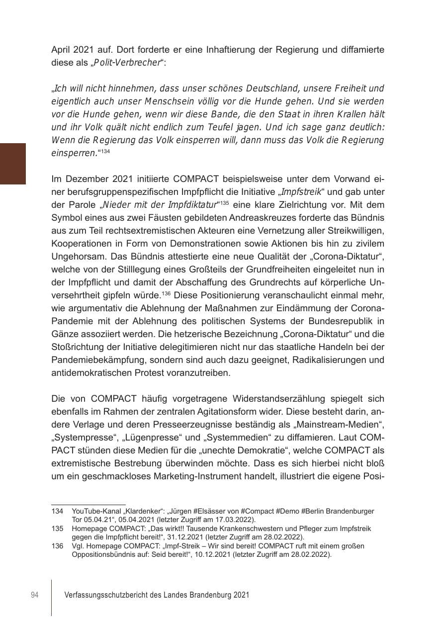Seite 94 des Verfassungsschutzbericht 2021 Brandenburg