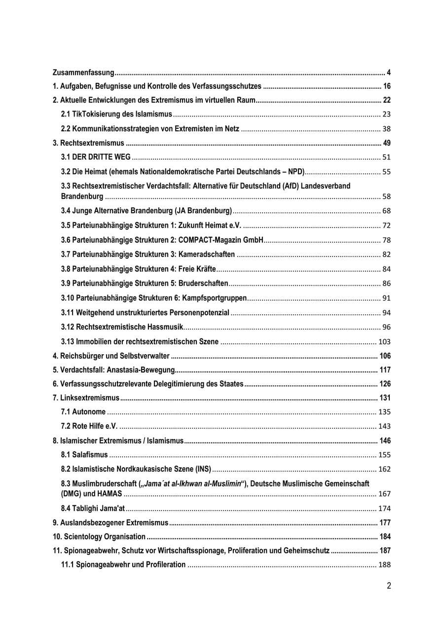 Seite 2 des Verfassungsschutzbericht 2023 Brandenburg