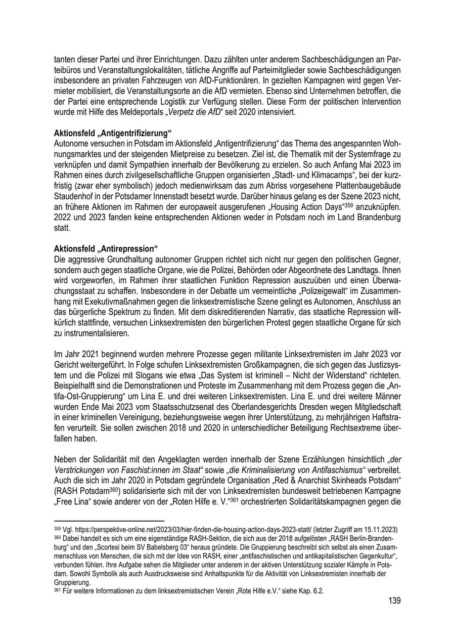 Seite 139 des Verfassungsschutzbericht 2023 Brandenburg