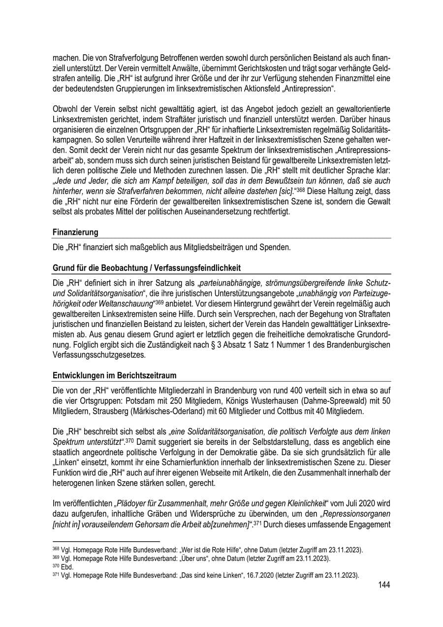 Seite 144 des Verfassungsschutzbericht 2023 Brandenburg