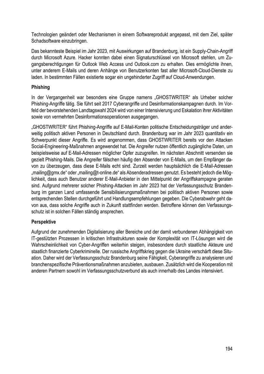 Seite 194 des Verfassungsschutzbericht 2023 Brandenburg