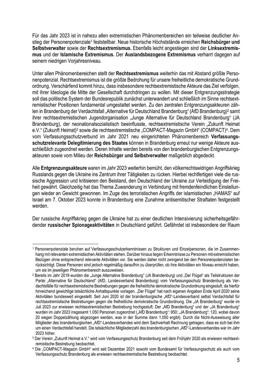 Seite 5 des Verfassungsschutzbericht 2023 Brandenburg