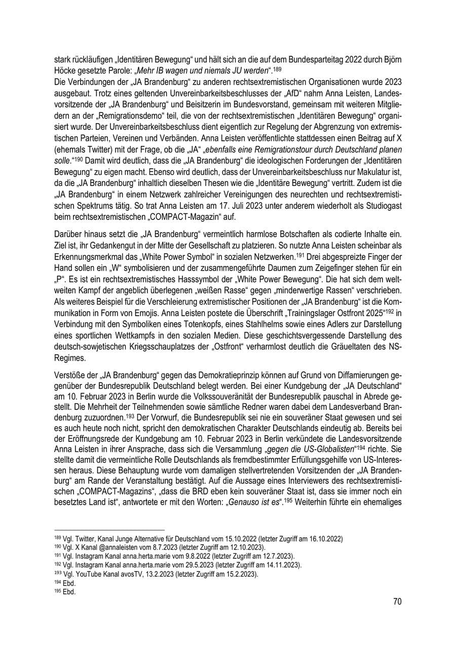 Seite 70 des Verfassungsschutzbericht 2023 Brandenburg