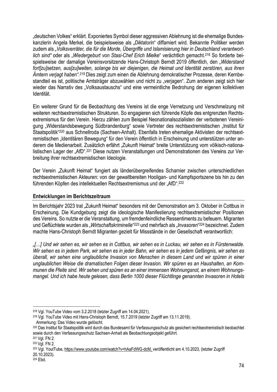 Seite 74 des Verfassungsschutzbericht 2023 Brandenburg