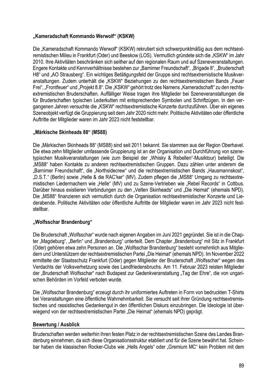 Seite 89 des Verfassungsschutzbericht 2023 Brandenburg
