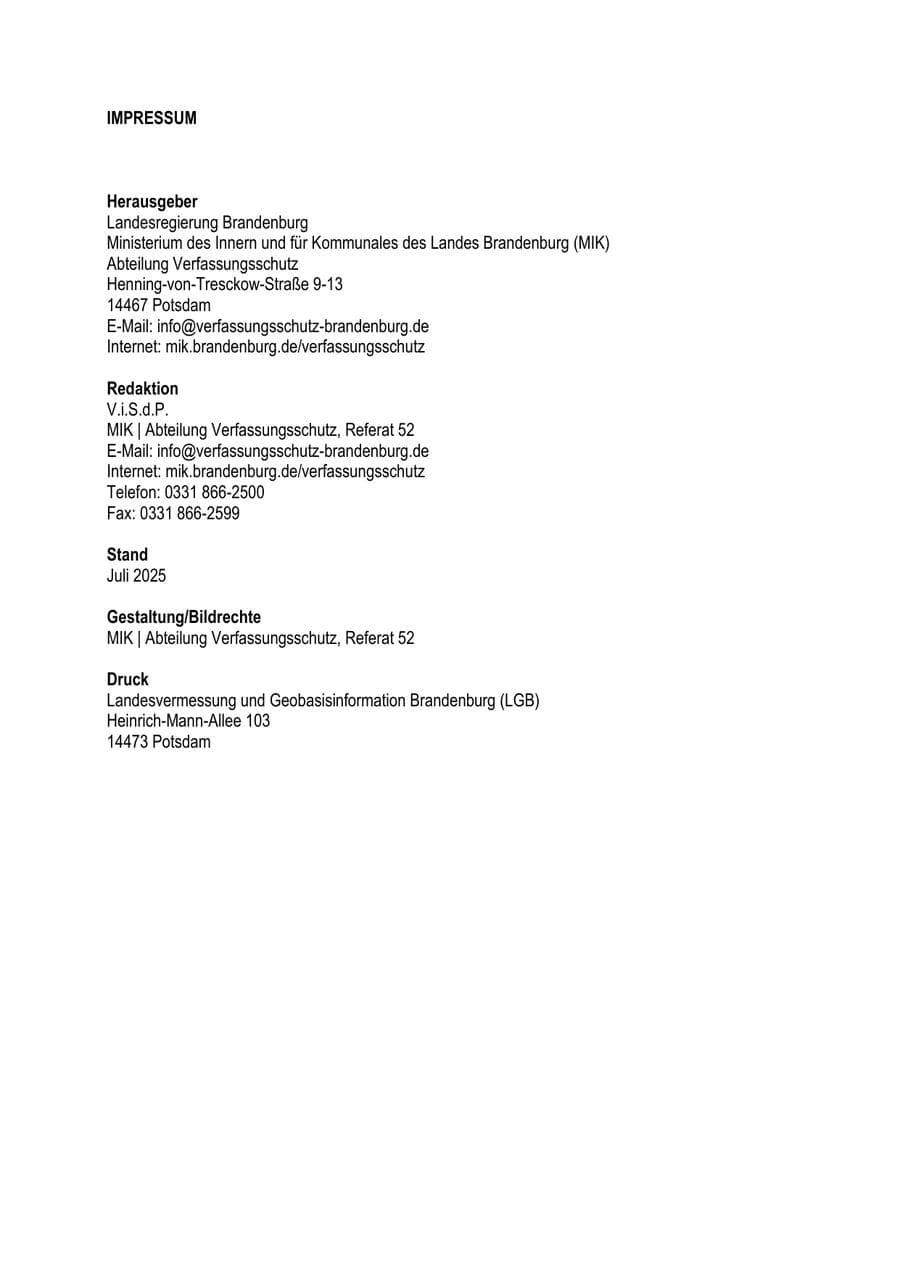 Seite 2 des Verfassungsschutzbericht 2024 Brandenburg