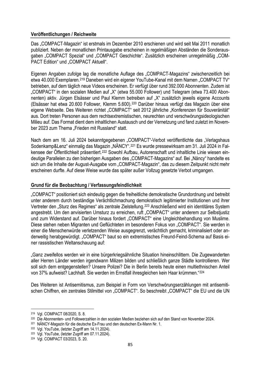 Seite 85 des Verfassungsschutzbericht 2024 Brandenburg