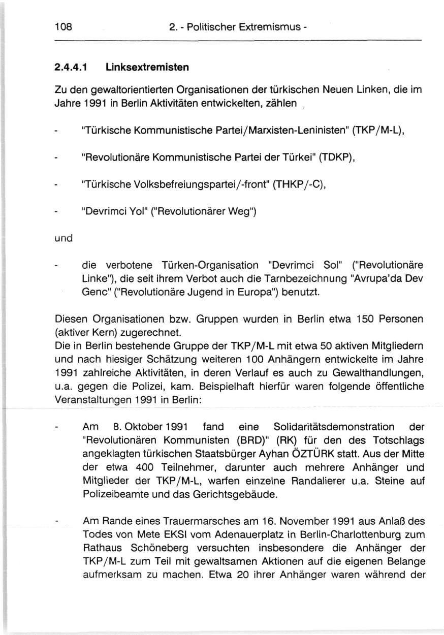 Seite 110 des Verfassungsschutzbericht 1991 Berlin