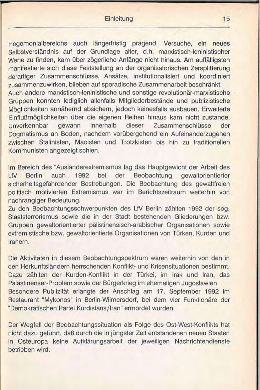Seite 15 des Verfassungsschutzbericht 1992 Berlin