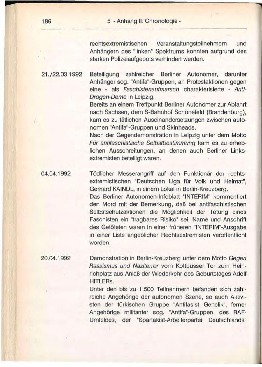 Seite 186 des Verfassungsschutzbericht 1992 Berlin