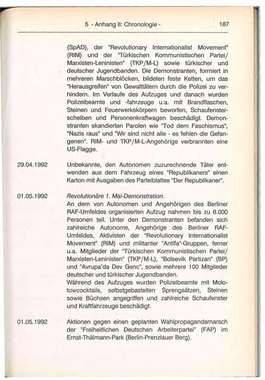 Seite 187 des Verfassungsschutzbericht 1992 Berlin