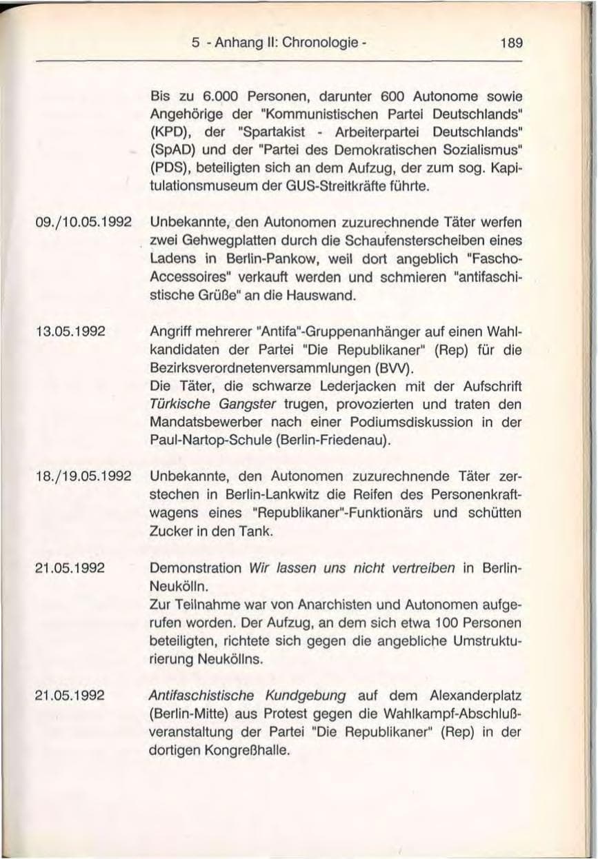Seite 189 des Verfassungsschutzbericht 1992 Berlin
