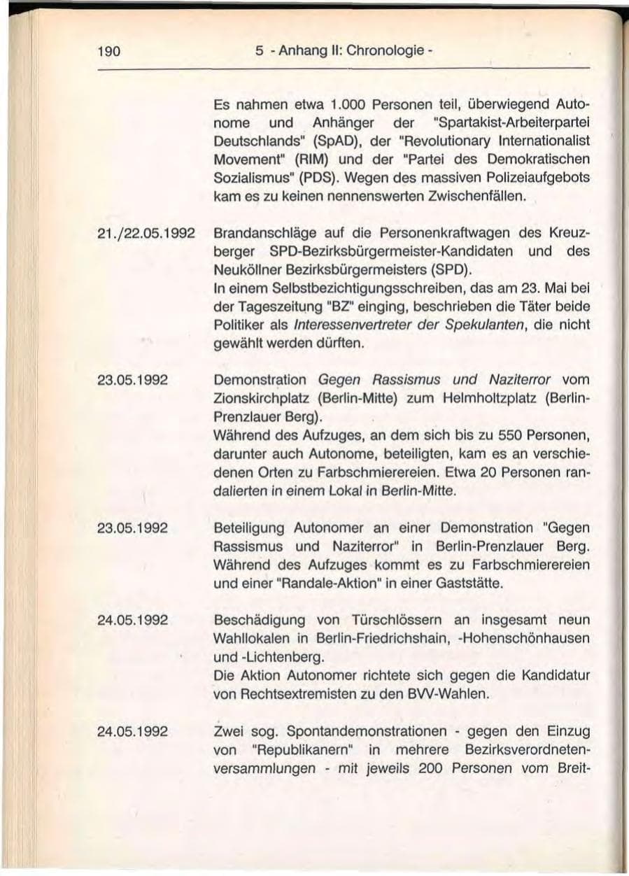 Seite 190 des Verfassungsschutzbericht 1992 Berlin