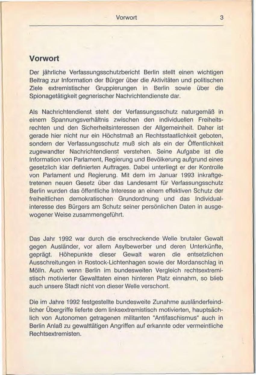 Seite 3 des Verfassungsschutzbericht 1992 Berlin