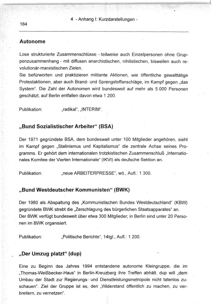 Seite 184 des Verfassungsschutzbericht 1994 Berlin
