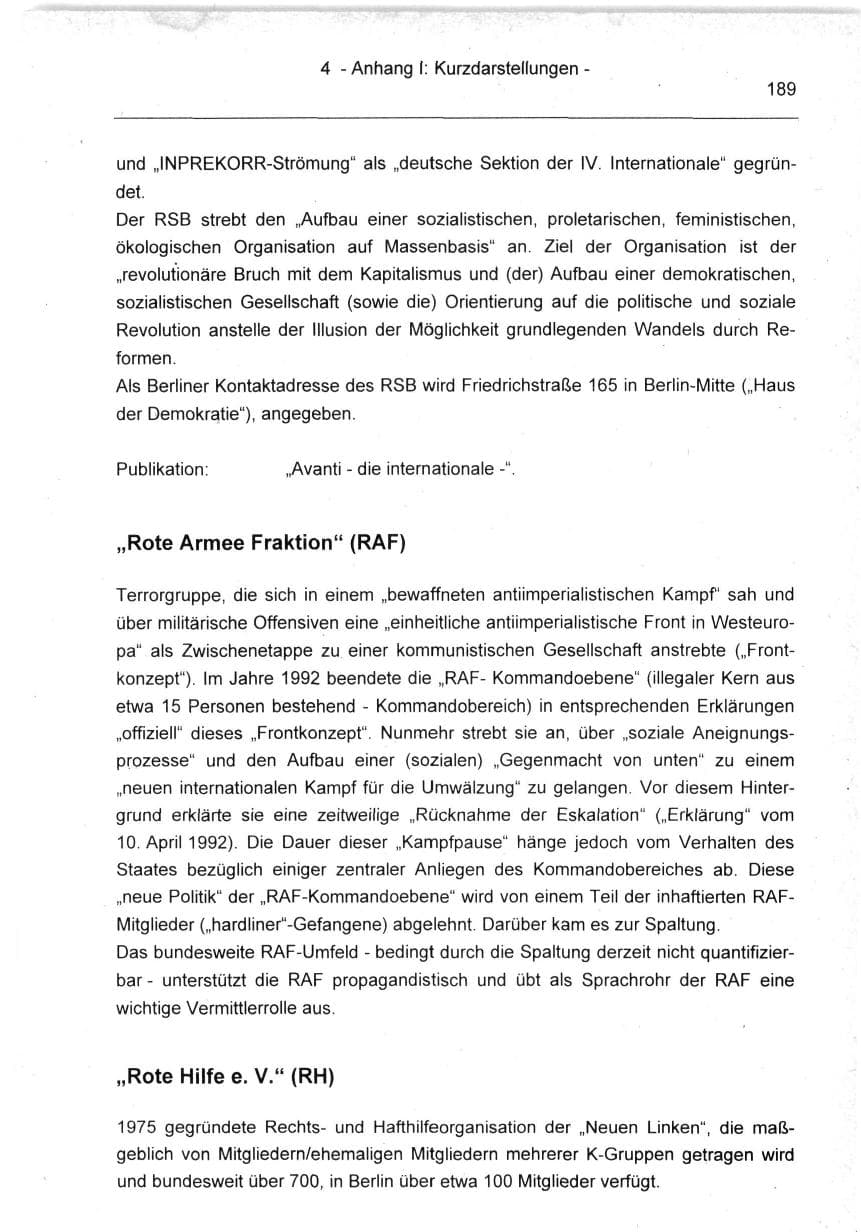 Seite 189 des Verfassungsschutzbericht 1994 Berlin