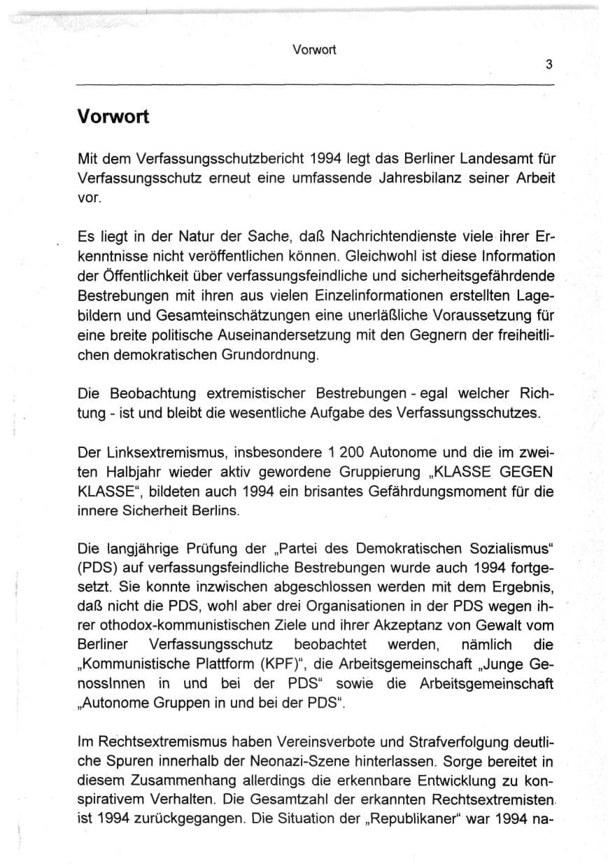 Seite 3 des Verfassungsschutzbericht 1994 Berlin