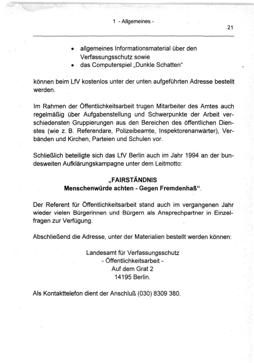 Seite 21 des Verfassungsschutzbericht 1994 Berlin