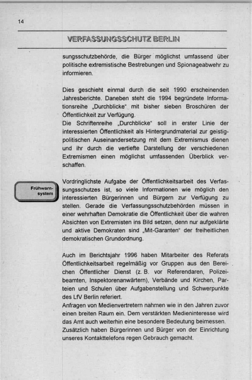 Seite 14 des Verfassungsschutzbericht 1996 Berlin