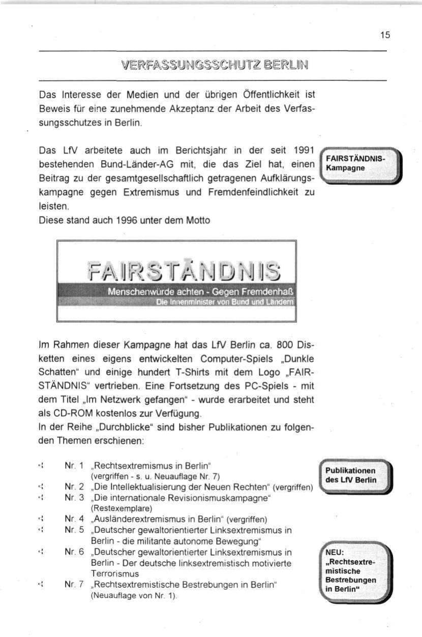 Seite 15 des Verfassungsschutzbericht 1996 Berlin