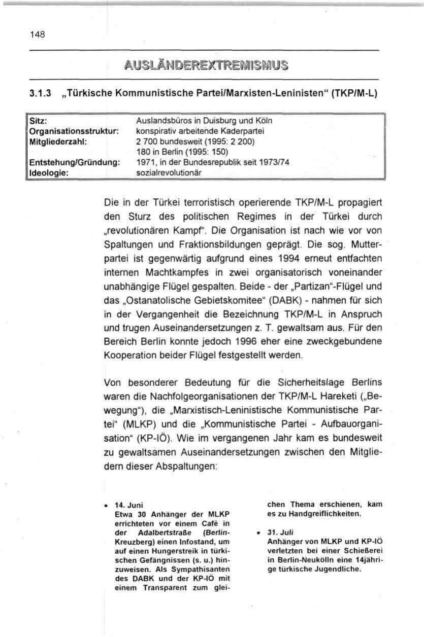 Seite 148 des Verfassungsschutzbericht 1996 Berlin
