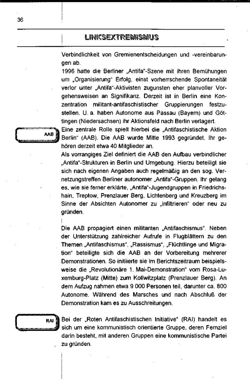 Seite 36 des Verfassungsschutzbericht 1996 Berlin