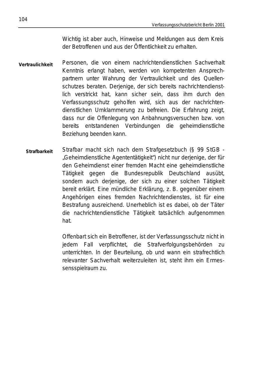 Seite 104 des Verfassungsschutzbericht 2001 Berlin