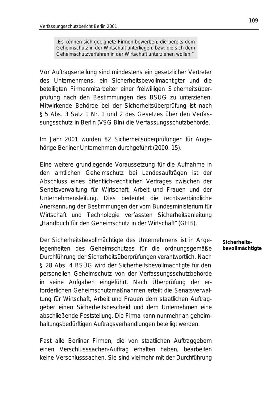 Seite 109 des Verfassungsschutzbericht 2001 Berlin