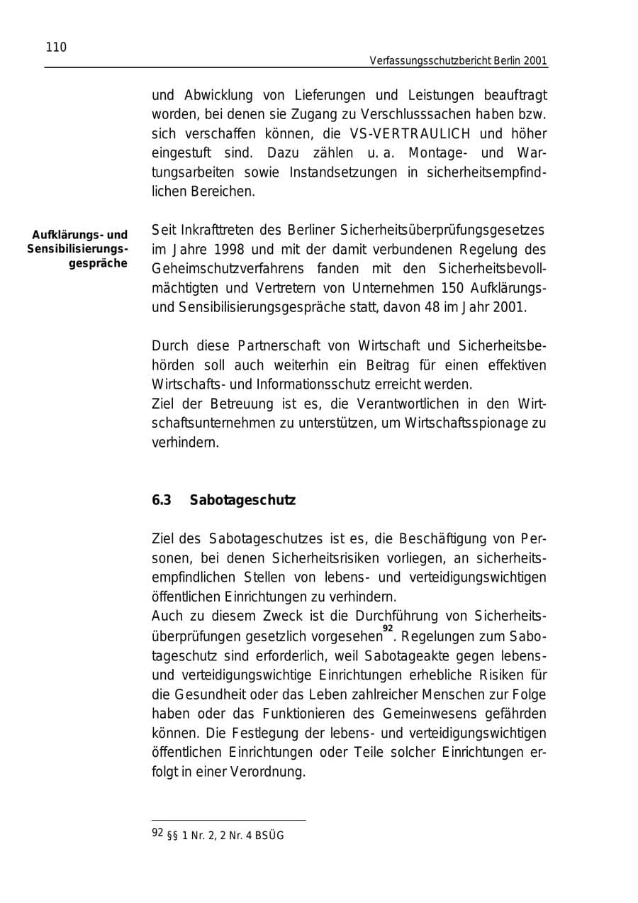 Seite 110 des Verfassungsschutzbericht 2001 Berlin