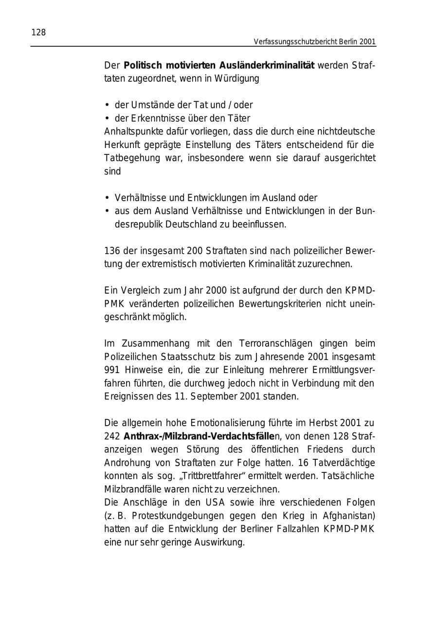 Seite 128 des Verfassungsschutzbericht 2001 Berlin