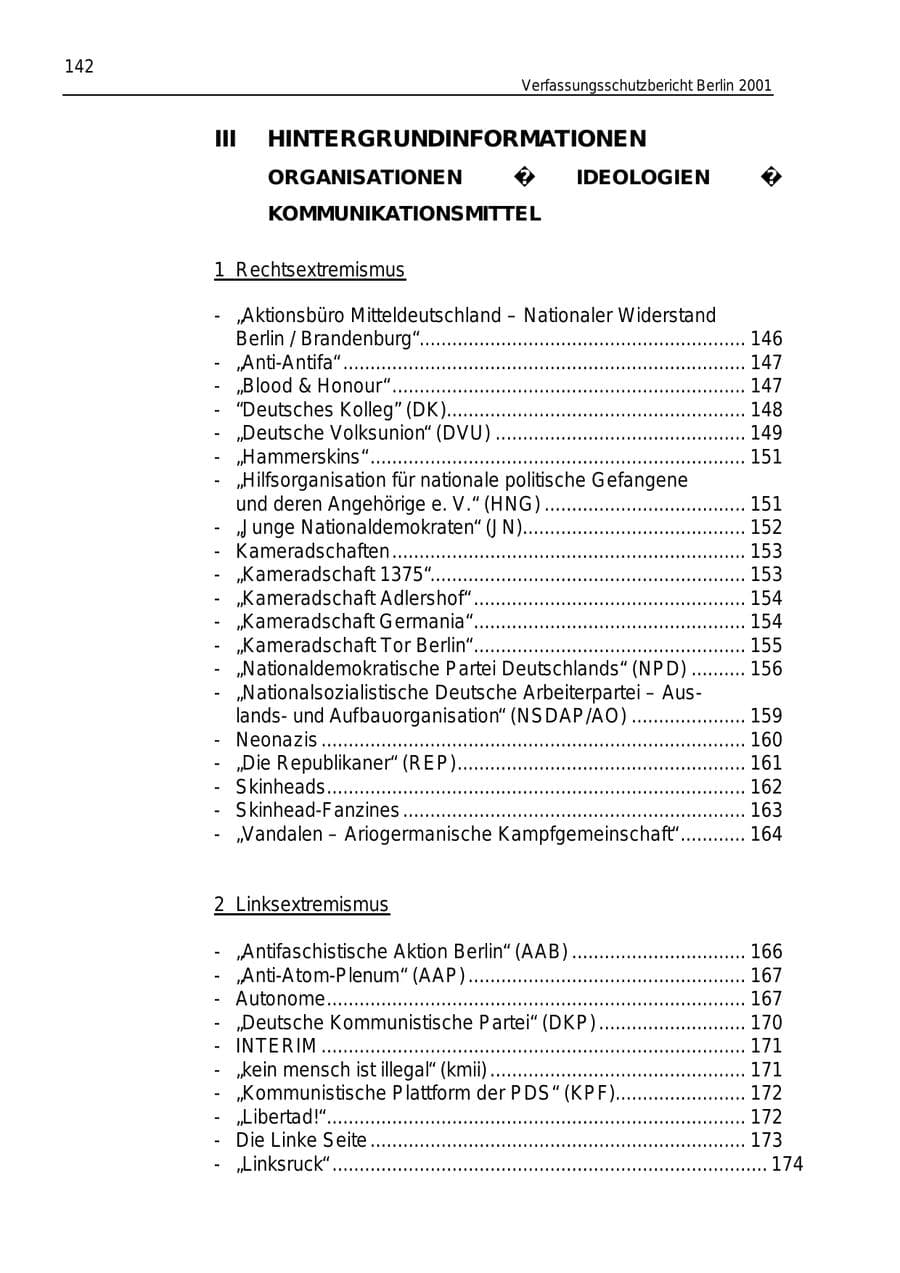 Seite 142 des Verfassungsschutzbericht 2001 Berlin