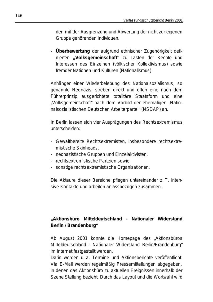Seite 146 des Verfassungsschutzbericht 2001 Berlin