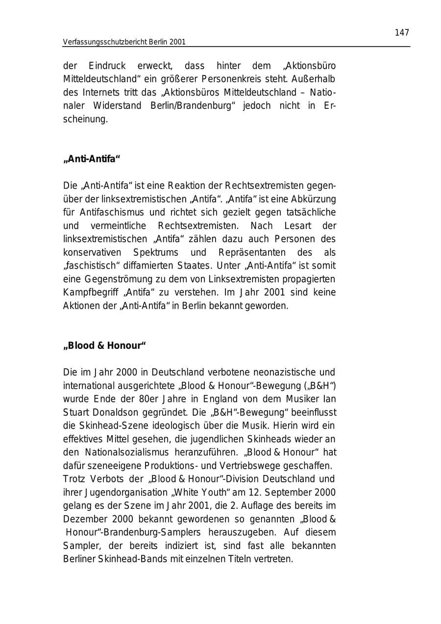 Seite 147 des Verfassungsschutzbericht 2001 Berlin