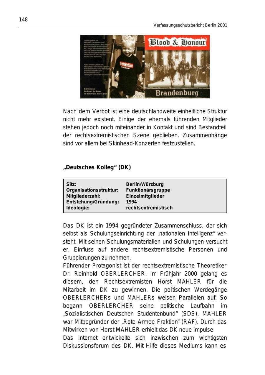 Seite 148 des Verfassungsschutzbericht 2001 Berlin