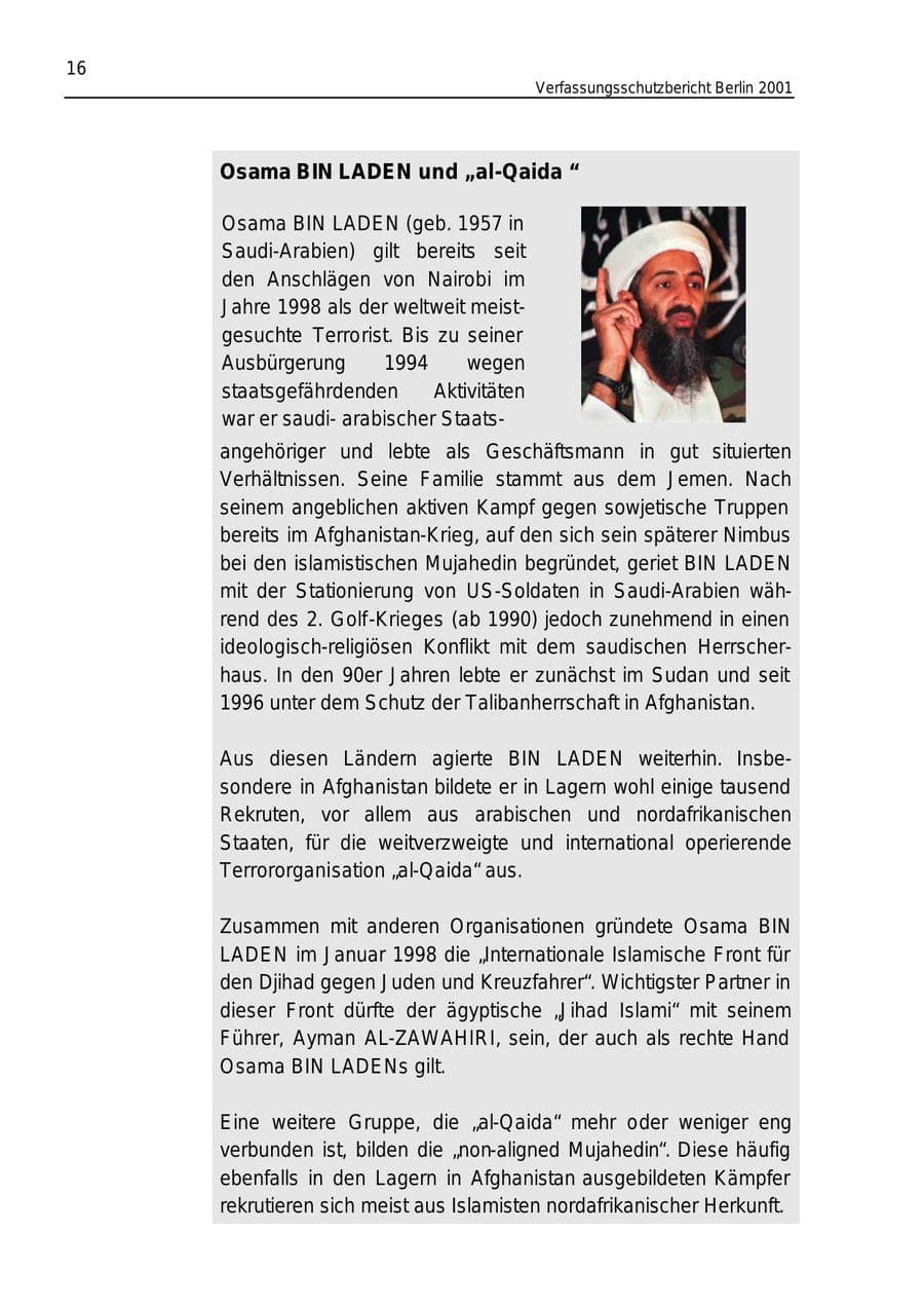Seite 16 des Verfassungsschutzbericht 2001 Berlin