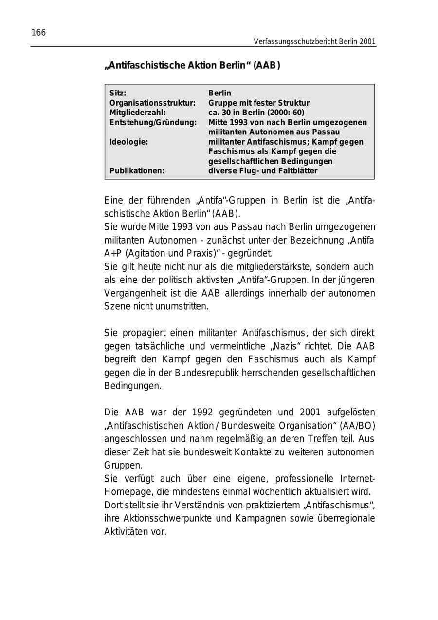 Seite 166 des Verfassungsschutzbericht 2001 Berlin