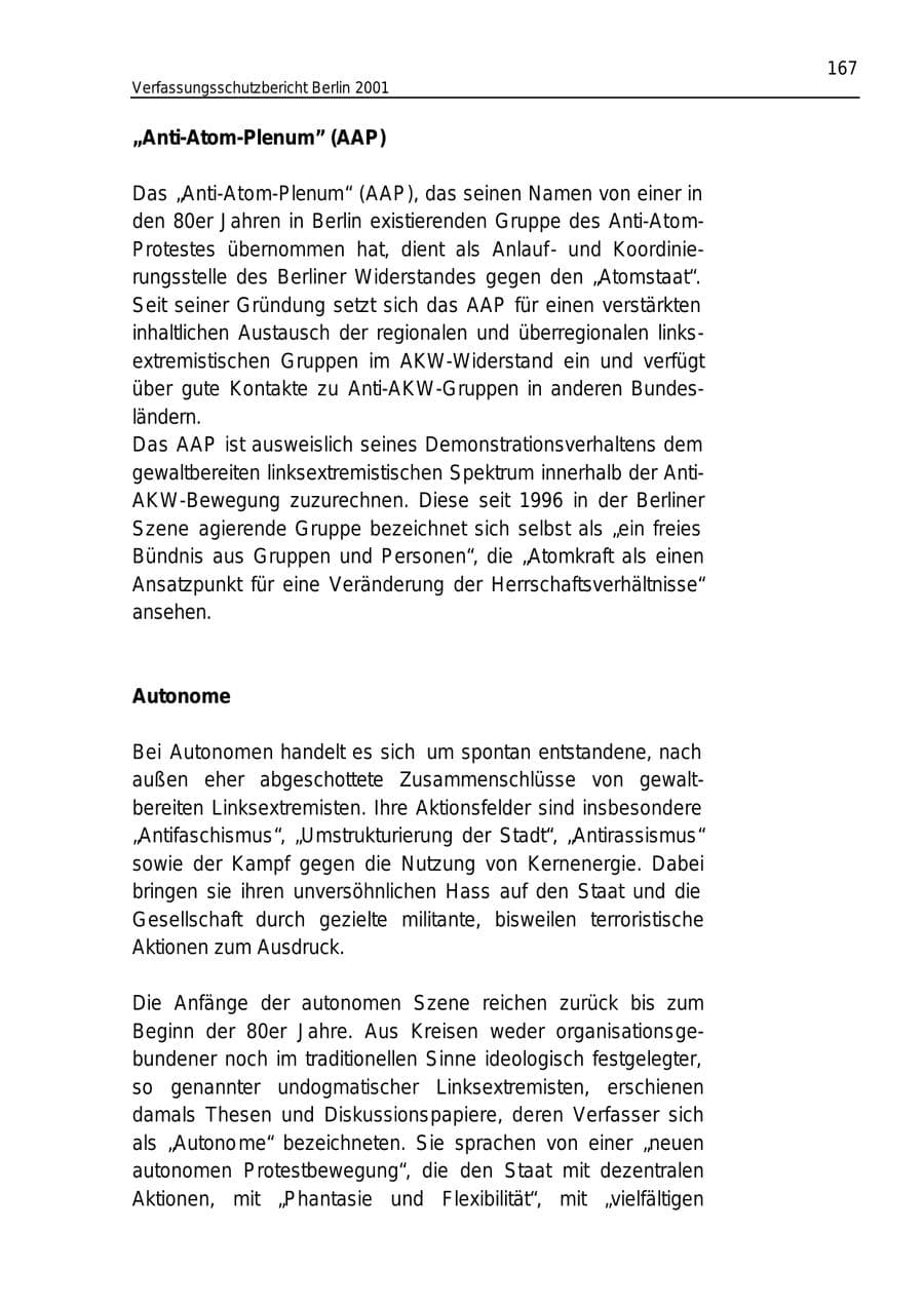 Seite 167 des Verfassungsschutzbericht 2001 Berlin