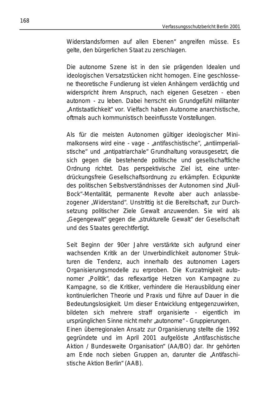 Seite 168 des Verfassungsschutzbericht 2001 Berlin