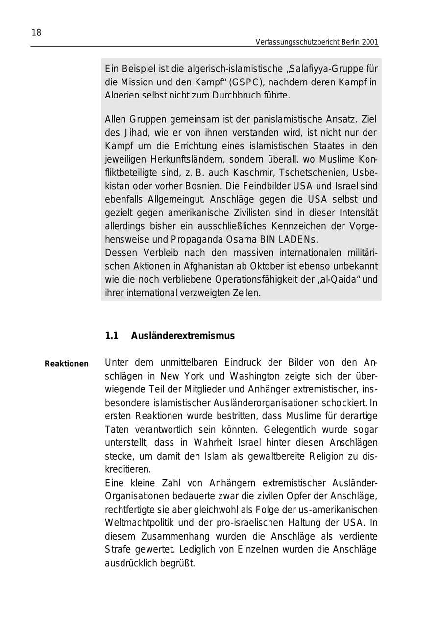 Seite 18 des Verfassungsschutzbericht 2001 Berlin
