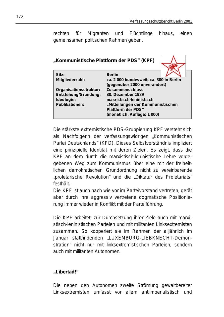 Seite 172 des Verfassungsschutzbericht 2001 Berlin