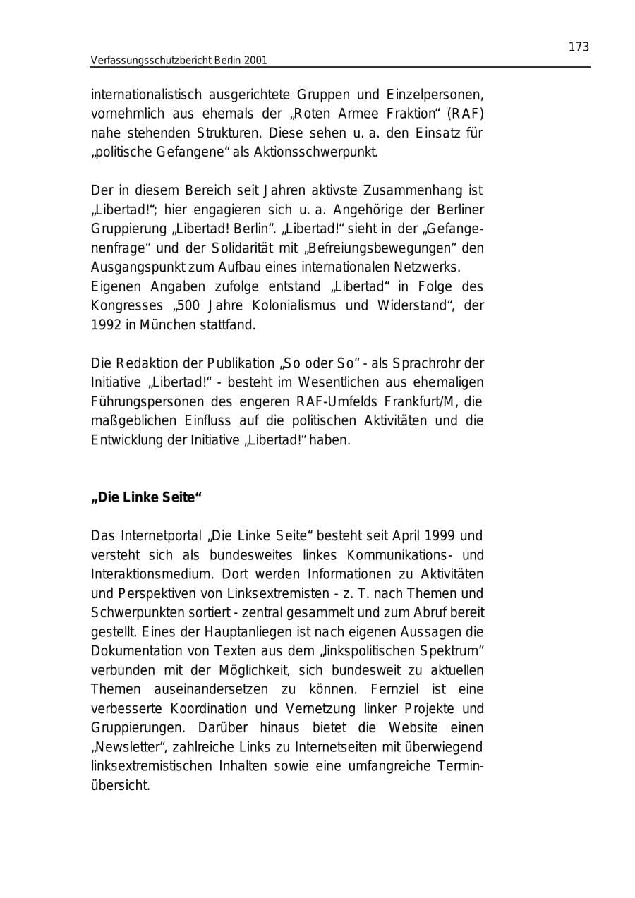 Seite 173 des Verfassungsschutzbericht 2001 Berlin